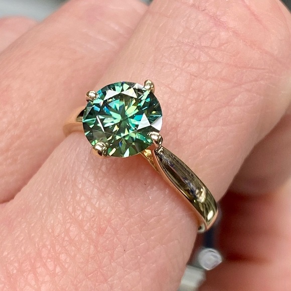 14k Yellow Gold 1 Carat Teal Blue / Aqua Diamond Moissanite Engagement Ring - Picture 8 of 14